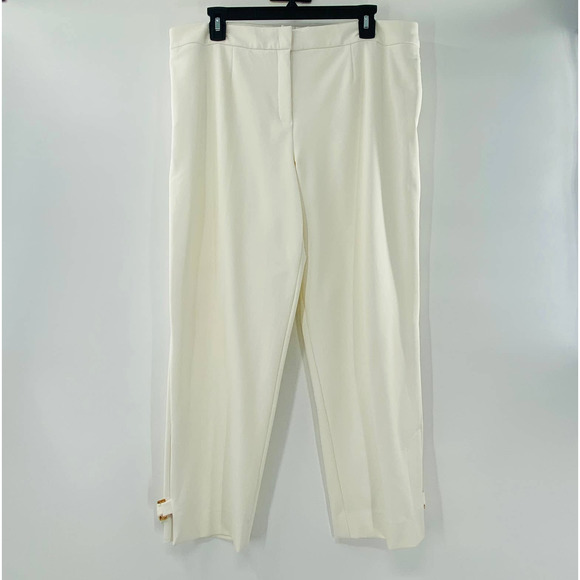 Escada Turka Buckle Hem Cropped Trousers Cream Off White Pants Flat Front Sz 14 - Picture 1 of 14